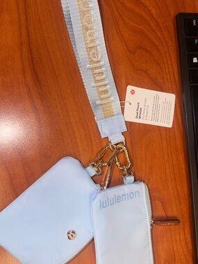 lululemon athletica Light Blue Key & Card Pouch Set with Gold Hardware and Strap